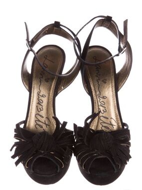 Lanvin Black Suede Peep-Toe Ankle-Strap Heels with Knotted Fringe